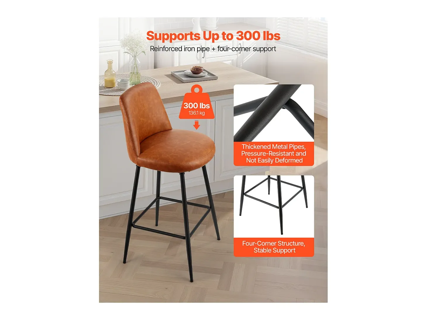 Taburete de Bar SucceBuy, Lote de 2, Silla de Bar Moderna en Piel de PU, Asiento de Cocina Giratorio, 68.6 cm de Alto, con Respaldo Y Pies en Metal, Marrón