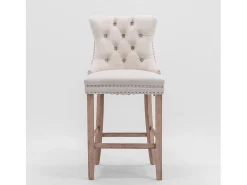 Taburete de bar tapizado en terciopelo, diseño contemporáneo, con patas de madera y ribete de tachuelas, color beige (60 x 50 x 66 cm)
