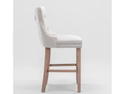 Taburete de bar tapizado en terciopelo, diseño contemporáneo, con patas de madera y ribete de tachuelas, color beige (60 x 50 x 66 cm)