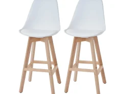 Taburete de bar Vaasa T501 (set de 2), blanco, asiento imitación cuero blanco, patas claras