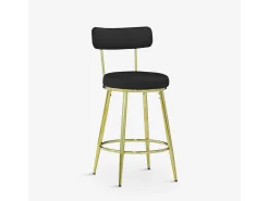 Taburete de bar y cocina de terciopelo con respaldo y patas doradas Kraven - Negro