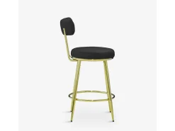 Taburete de bar y cocina de terciopelo con respaldo y patas doradas Kraven - Negro