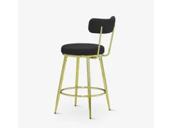 Taburete de bar y cocina de terciopelo con respaldo y patas doradas Kraven - Negro