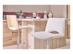 Taburete de cocina de diseño ajustable blanco con tonos de madera blanca PANACH