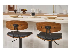 Taburete de cocina de diseño regulable negro con madera oscura VASCO