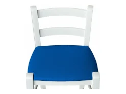 Taburete de madera blanca con asiento de piel sintética azul, h 67 cm desde el suelo hasta el asiento