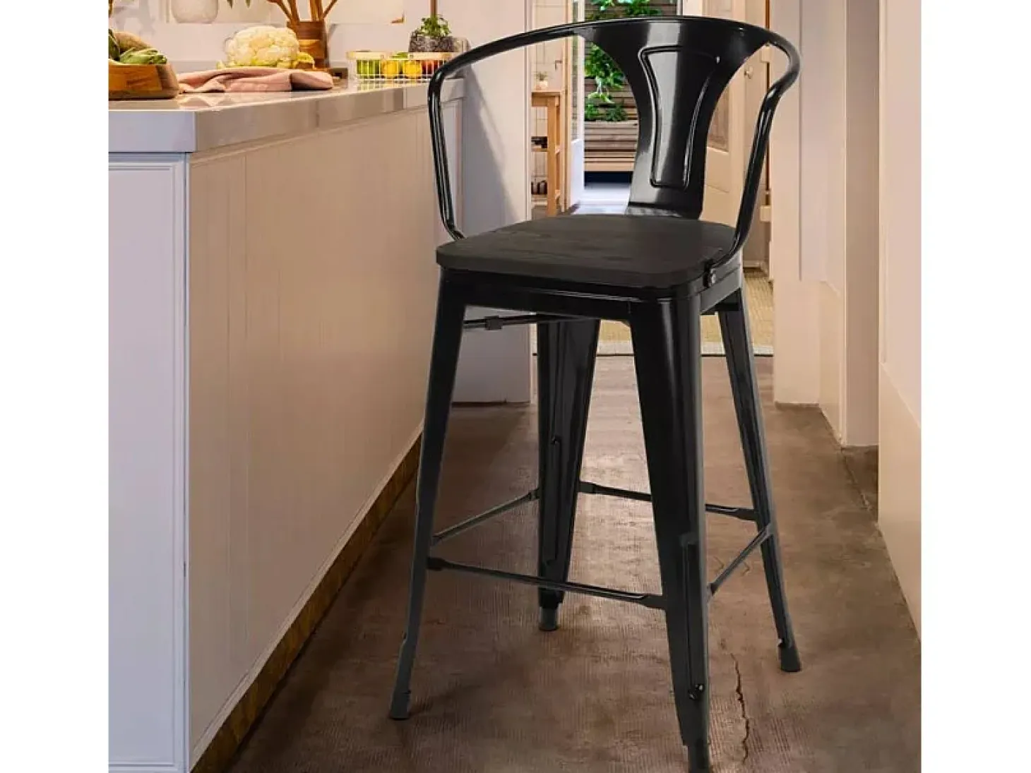 taburete de metal y madera con respaldo de diseño industrial estilo steel wood back - Negro