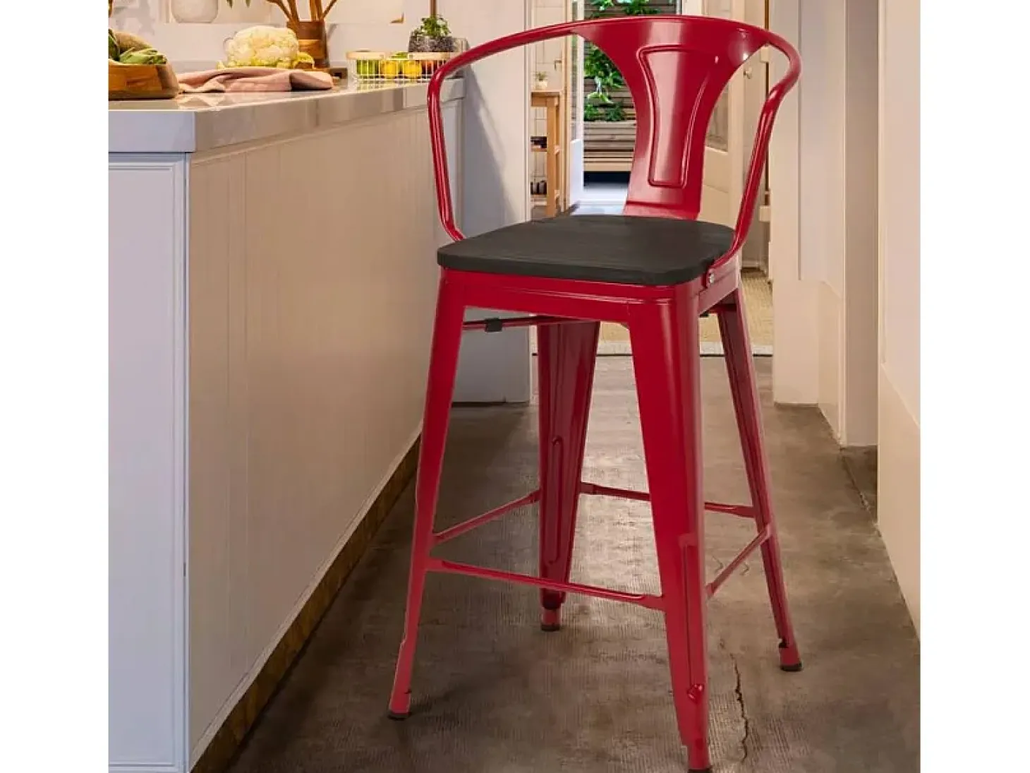 taburete de metal y madera con respaldo de diseño industrial estilo steel wood back - Rojo