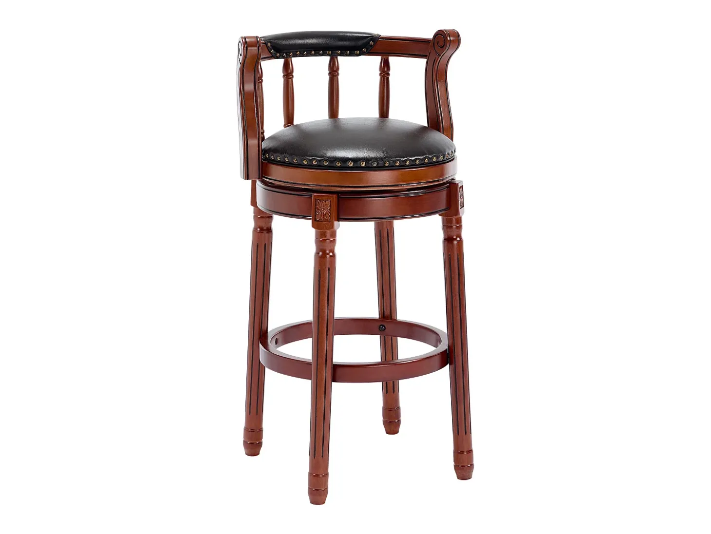 Taburete giratorio de bar - Asiento de cuero negro - Madera - Color nogal