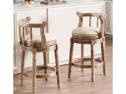 Taburete giratorio de bar - Asiento de piel blanca - Color madera 54,8 x 54,8 x 66 cm