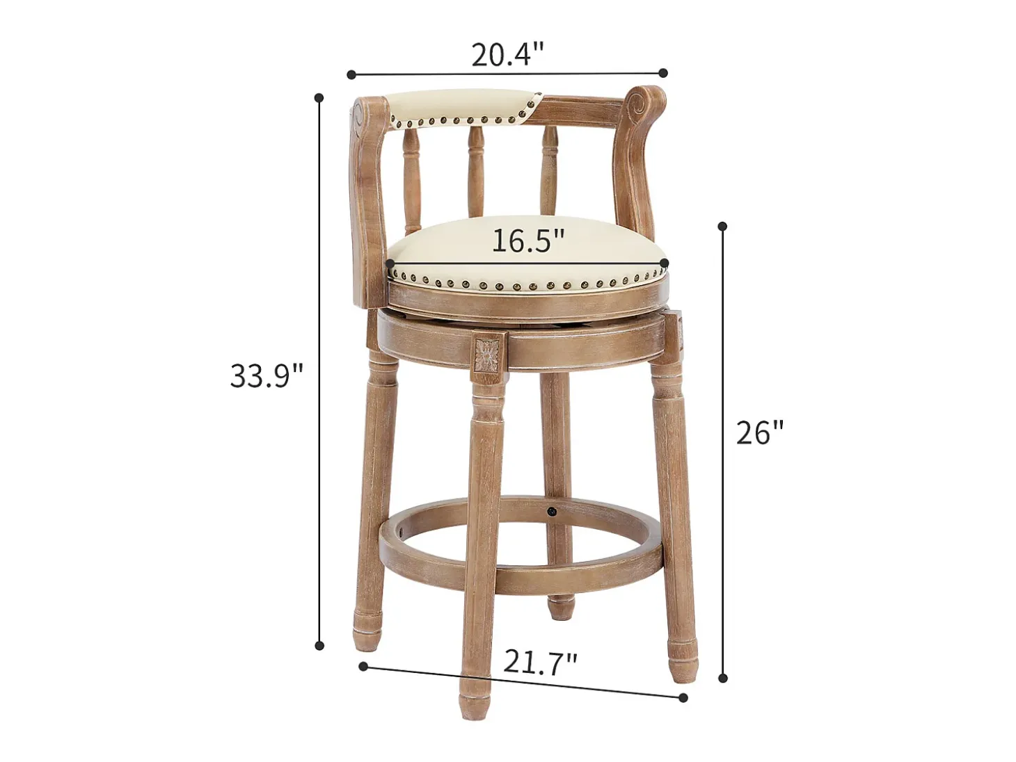 Taburete giratorio de bar - Asiento de piel blanca - Color madera 54,8 x 54,8 x 66 cm