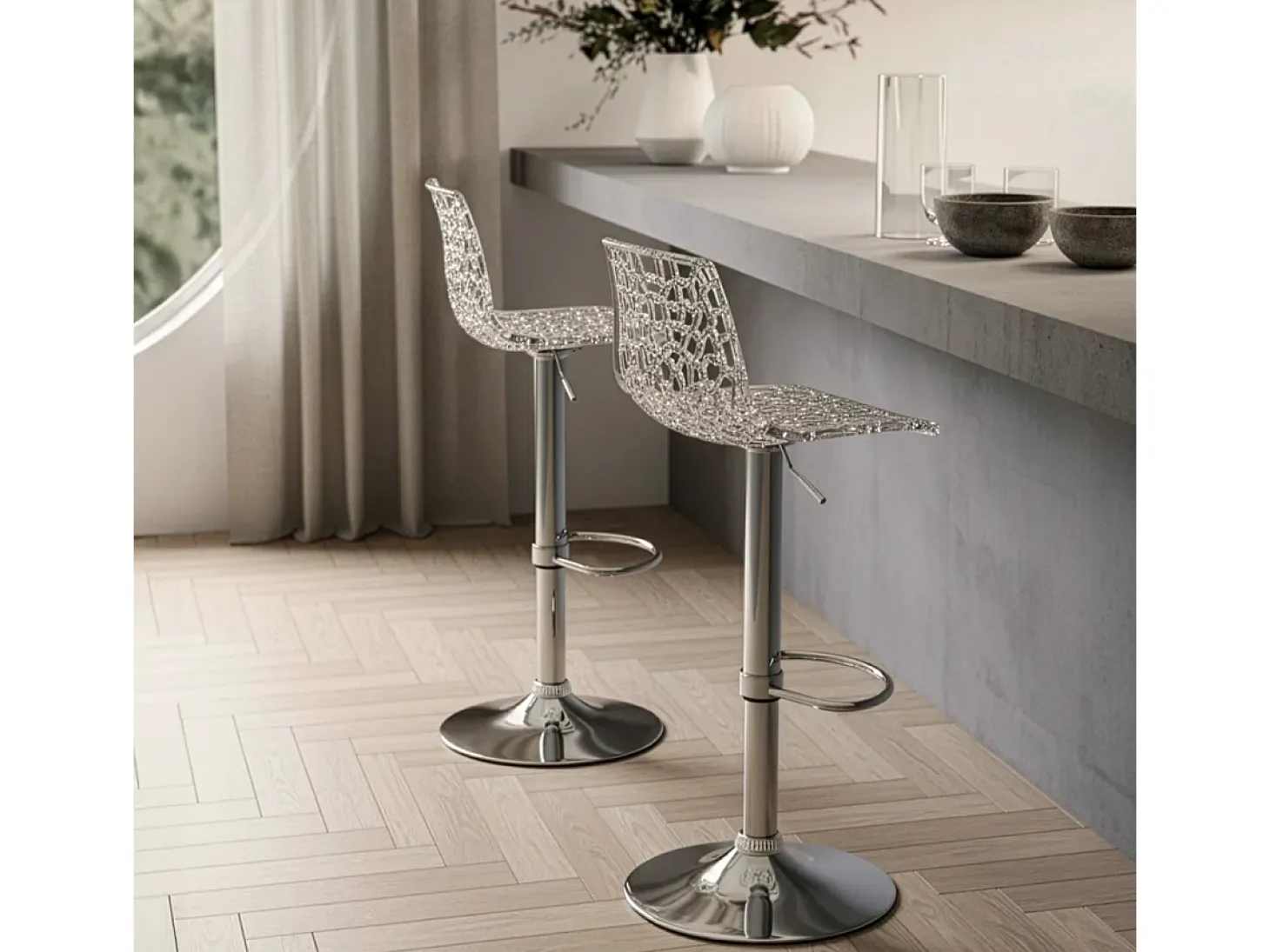 Taburete Grand Soleil SPIDER para cafetería bar cocina alto fijo giratorio reposapiés regulable - Transparente
