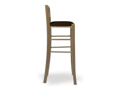 Taburete H80 en madera de nogal claro con asa y asiento acolchado en polipiel marrón