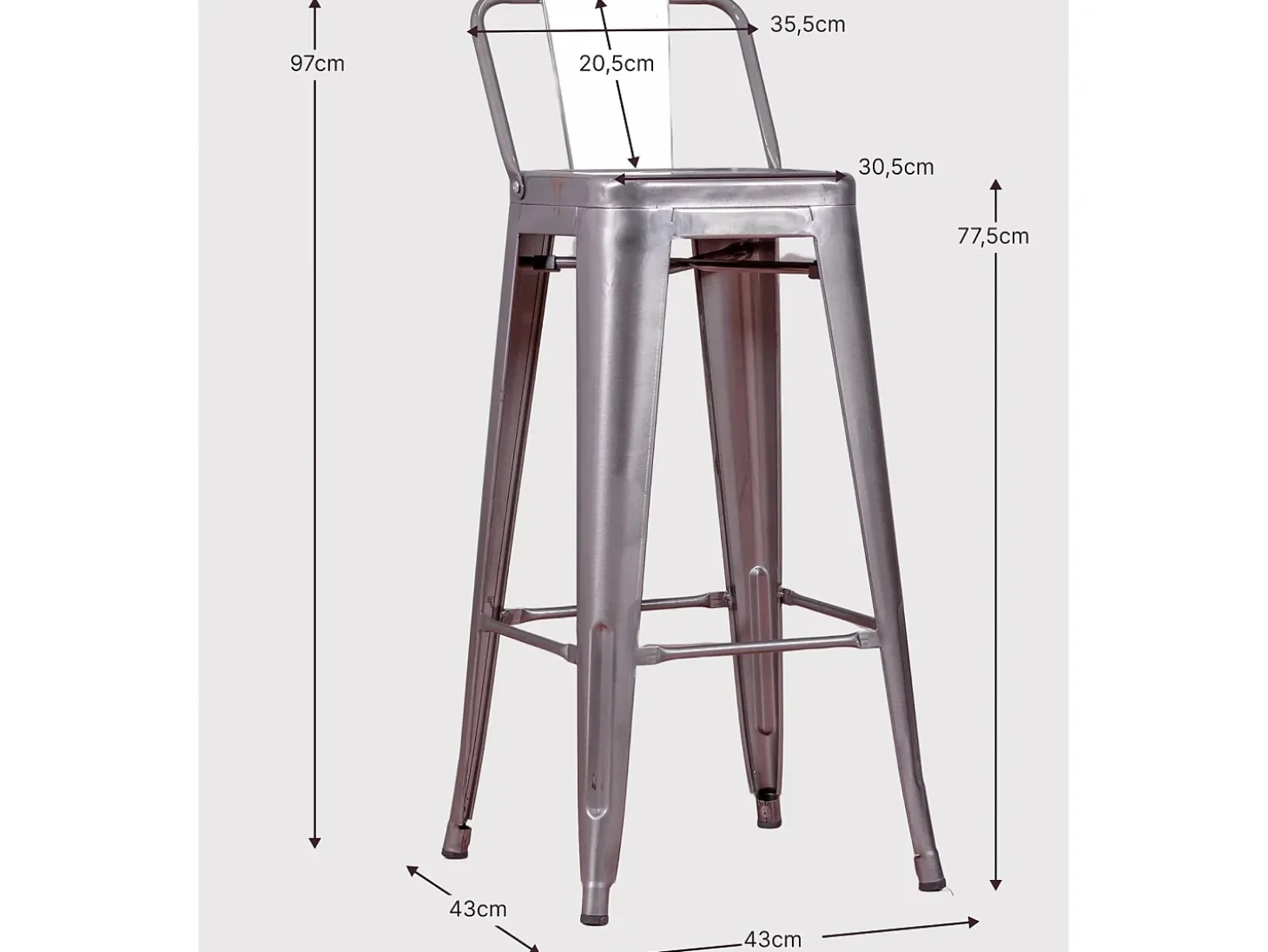 Taburete metálico industrial con respaldo bajo (76cm) - Bistro - Negro
