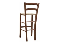 Taburete Venecia en madera de nogal oscuro h 73 con asiento de paja
