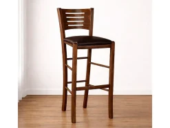 Taburete Verona en madera de nogal oscuro, altura 73 cm, con asiento acolchado marrón.