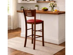 Taburete Verona en madera de nogal oscuro, altura 73 cm, con asiento acolchado rojo