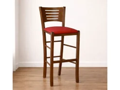 Taburete Verona en madera de nogal oscuro, altura 73 cm, con asiento acolchado rojo