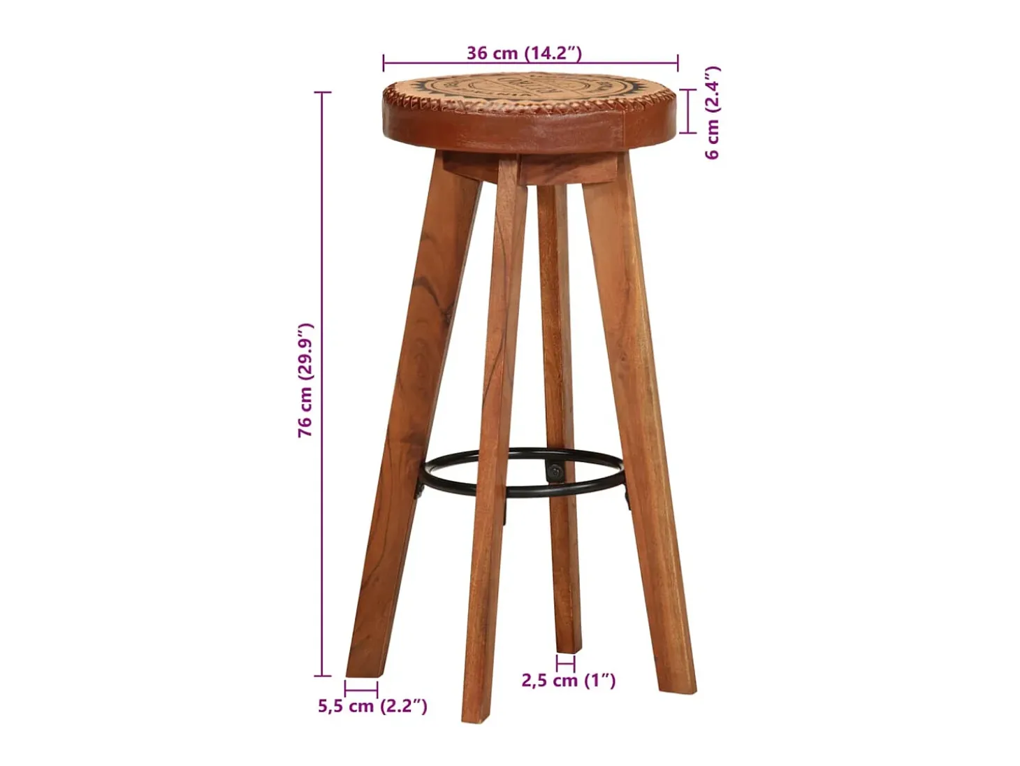 Taburetes de bar 2 piezas de cuero genuino y madera maciza de acacia