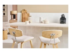 Taburetes de bar de diseño de terciopelo texturizado beige y madera clara de 69 cm de altura (juego de 2) VASCO