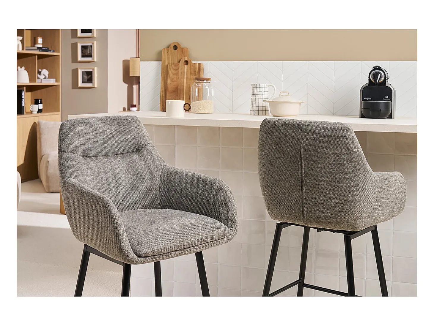 Taburetes de bar giratorios 360° en tela efecto terciopelo texturizado gris y metal H65.5 cm (paquete de 2) ALESS
