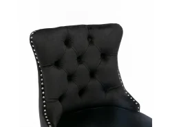 Taburetes de bar tapizados, juego de 2. Con remaches decorativos y patas de madera. Adornos cromados con remaches. Tapizado de terciopelo negro.