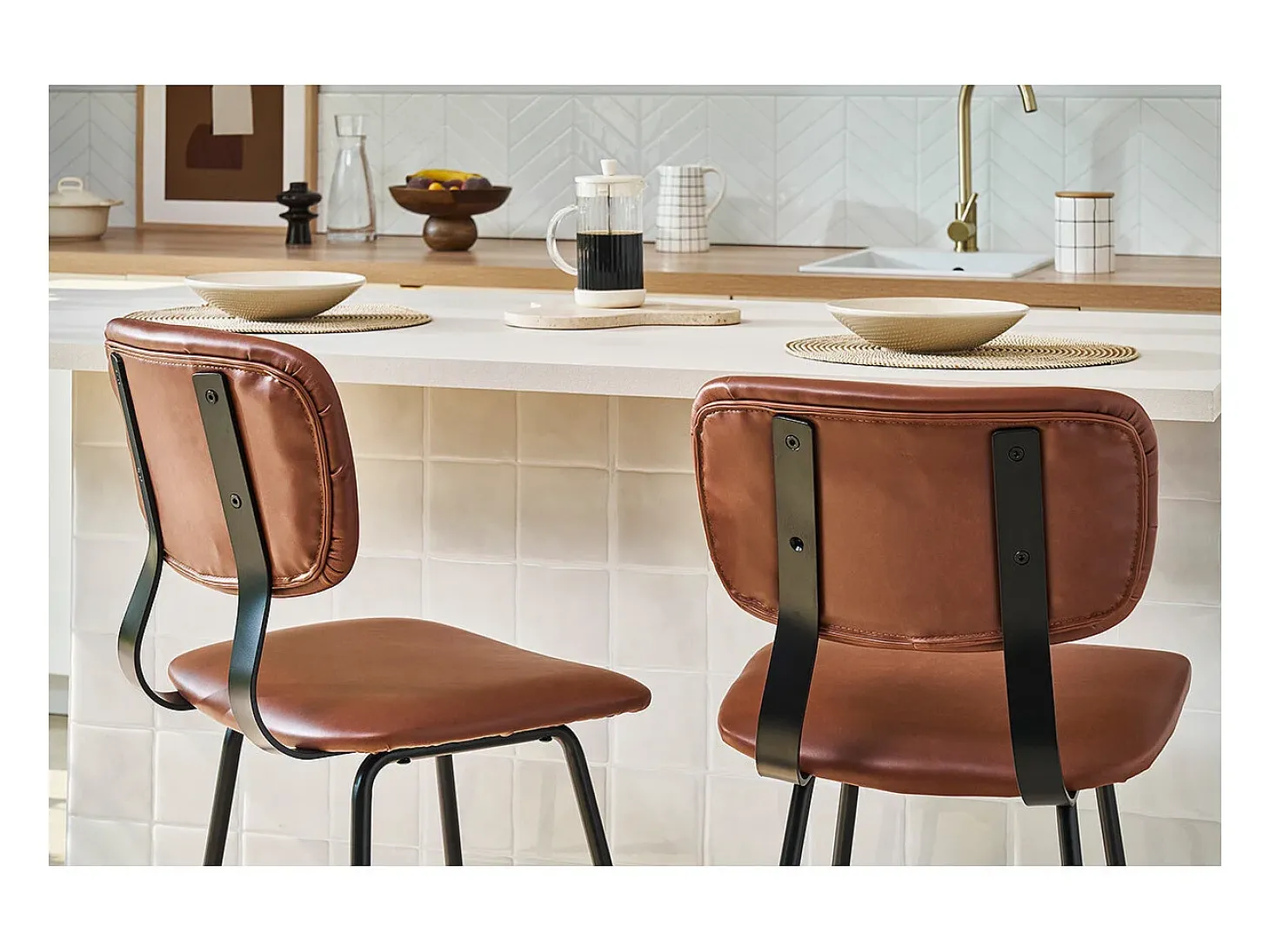 Taburetes de bar vintage marrón claro con patas en metal 65cm (lote de 2) LAB