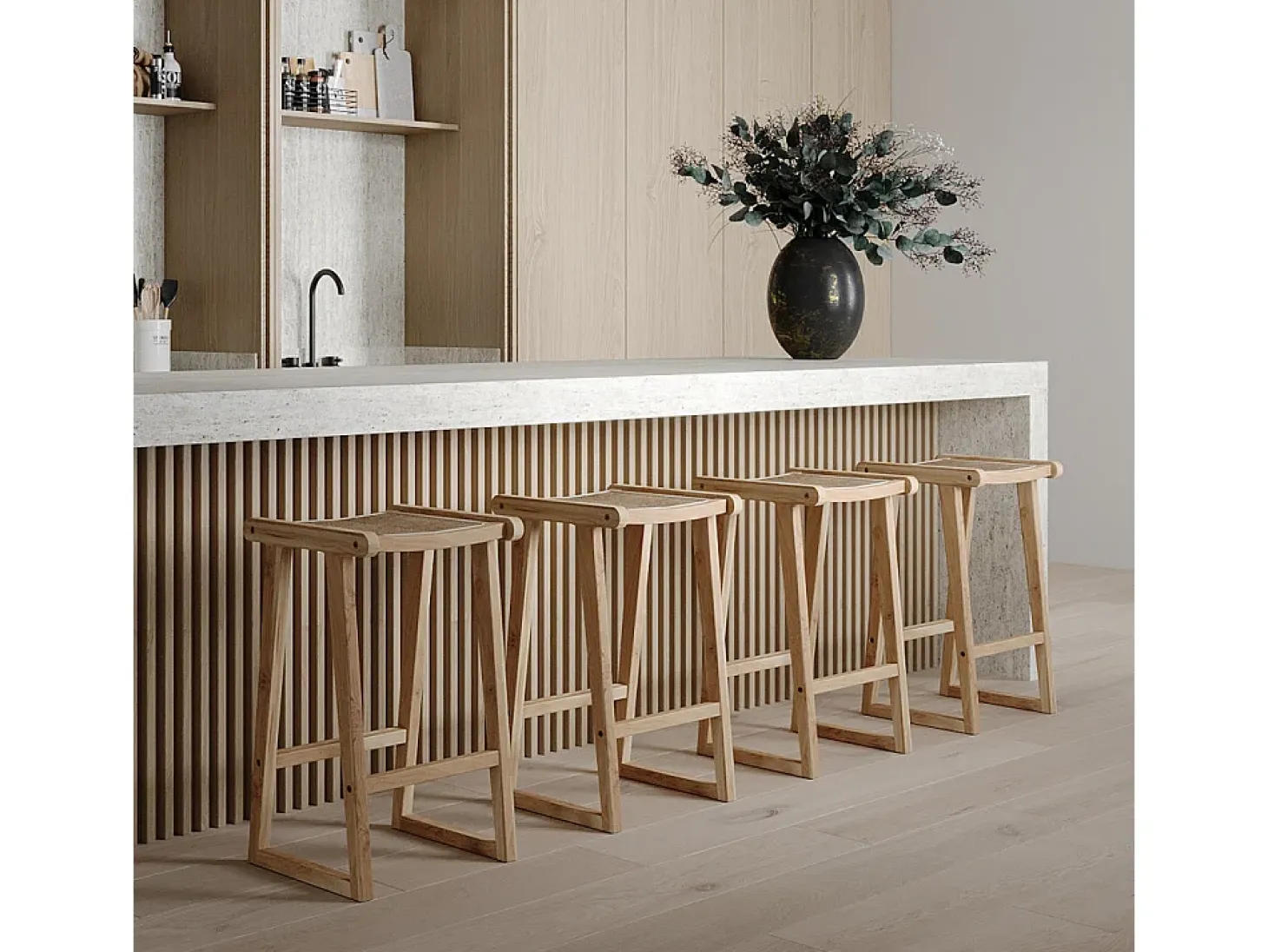 Taburetes para isla de cocina de teca y ratán natural 66 cm - Haida