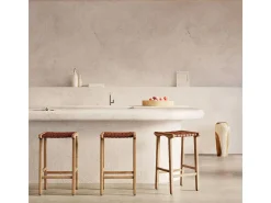 Taburetes para isla de cocina de teca y cuero tejido marrón 66 cm - Kuna