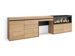 Tocador, 284x35x75cm, Con cajón, Chimenea eléctrica XXL, Cómoda, Cajonera, Roble