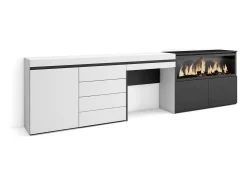 Tocador, 284x35x75cm, Con cajón, Chimenea eléctrica XXL, Cómoda, Cajonera, Blanco