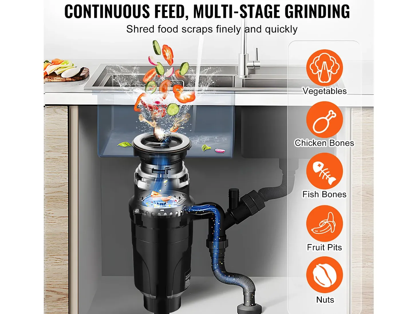 Triturador SucceBuy Triturador de Residuos de Cocina, 1/2 CV, Sistema de Trituración de Residuos de Alimentos, 3820 rpm, con Cable de Alimentación