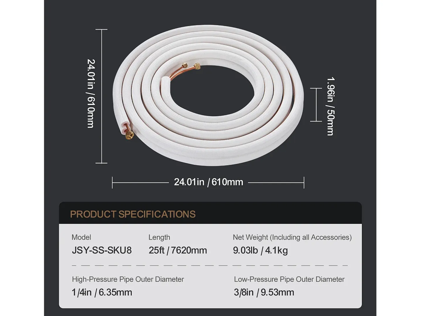 Tubo SucceBuy Kit de Líneas Mini Split 6,4 x 9,5 x 7620 mm Tubo de Cobre para AC con Cable de Conexión
