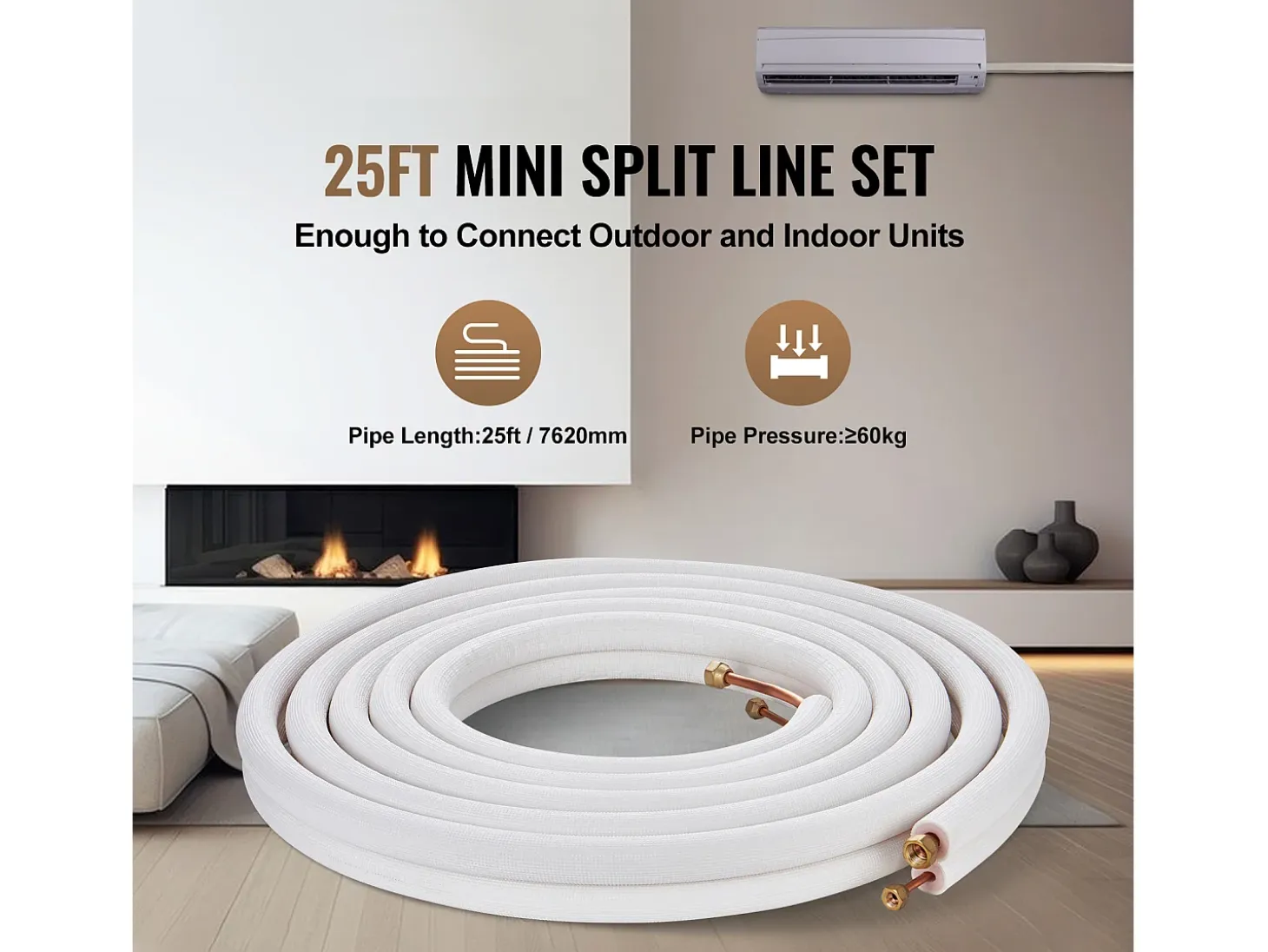 Tubo SucceBuy Kit de Líneas Mini Split 6,4 x 9,5 x 7620 mm Tubo de Cobre para AC con Cable de Conexión