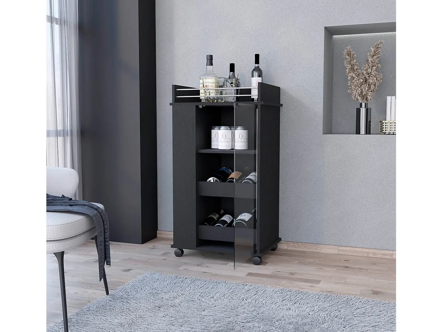 TUHOME Carro de Bar Lusk con Estante para 2 Botellas, Puerta de Vidrio y Ruedas Giratorias, Negro