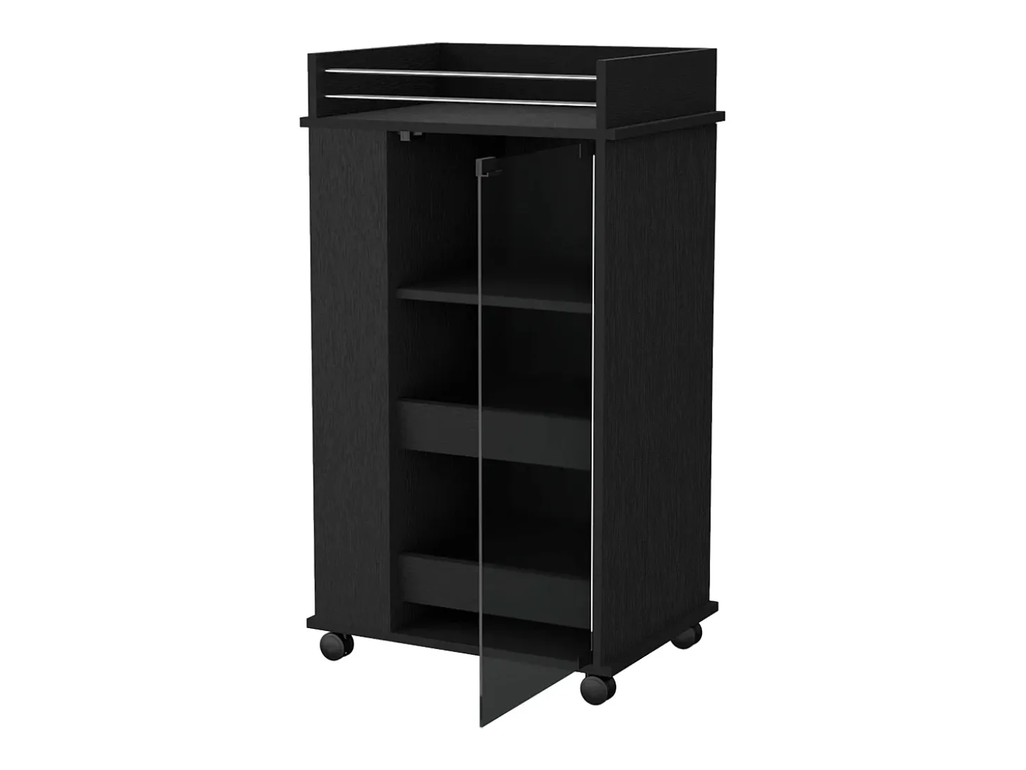 TUHOME Carro de Bar Lusk con Estante para 2 Botellas, Puerta de Vidrio y Ruedas Giratorias, Negro