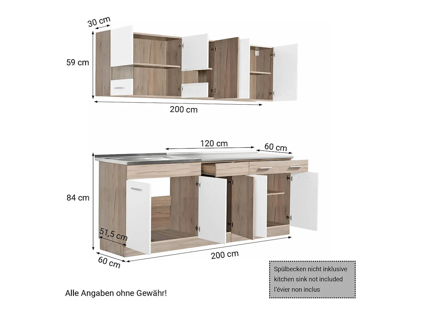 Unidad de cocina 200x84x60 cm aspecto madera roble blanco y gris