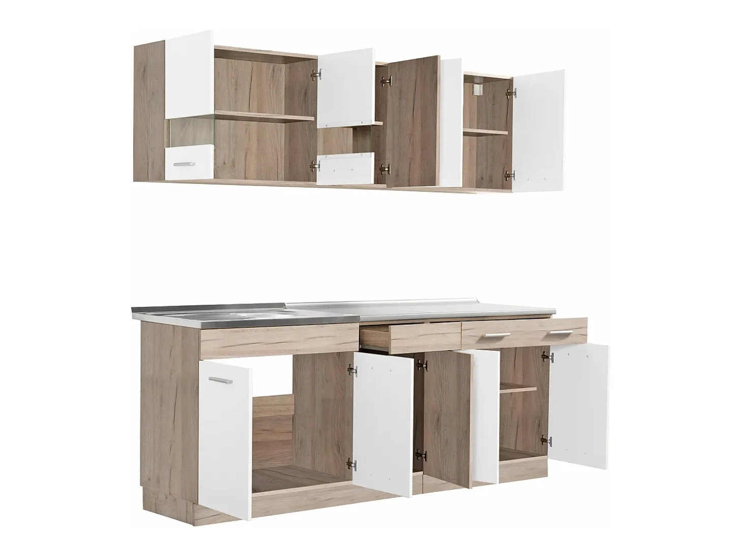 Unidad de cocina 200x84x60 cm aspecto madera roble blanco y gris