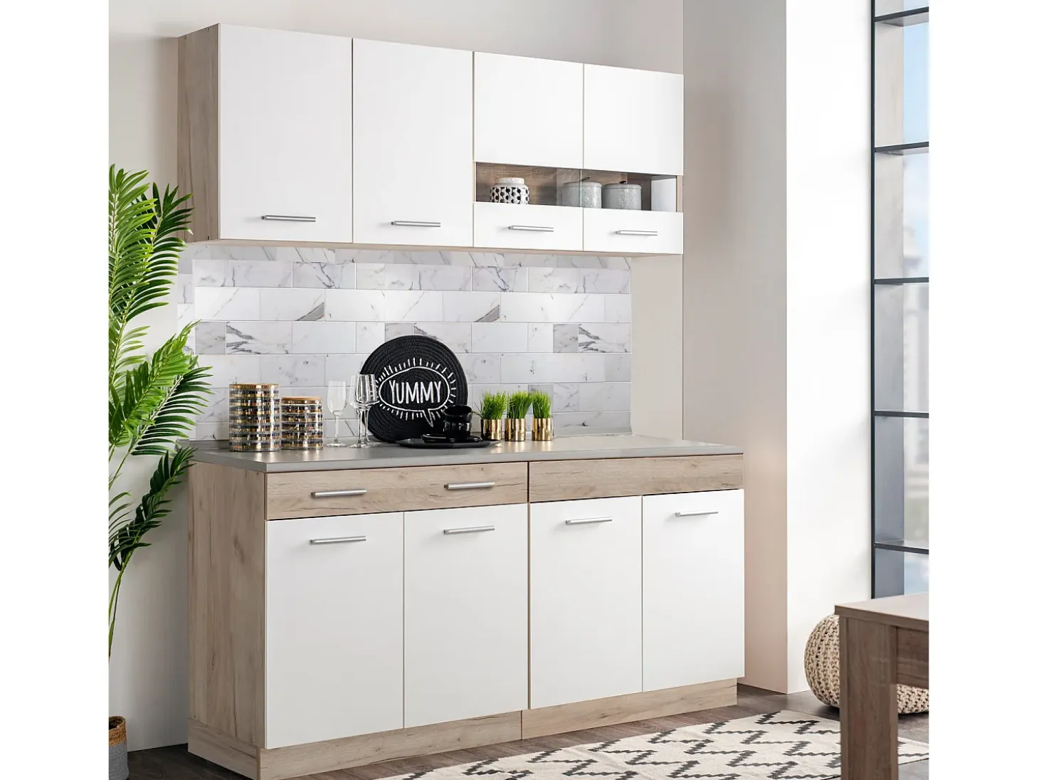 Unidad de cocina 160x84x60 cm aspecto madera roble blanco y gris