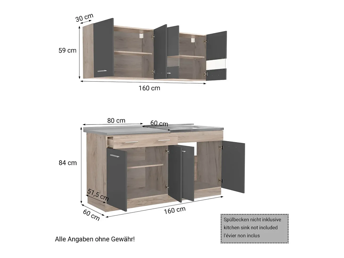 Unidad de cocina 160x84x60 cm gris