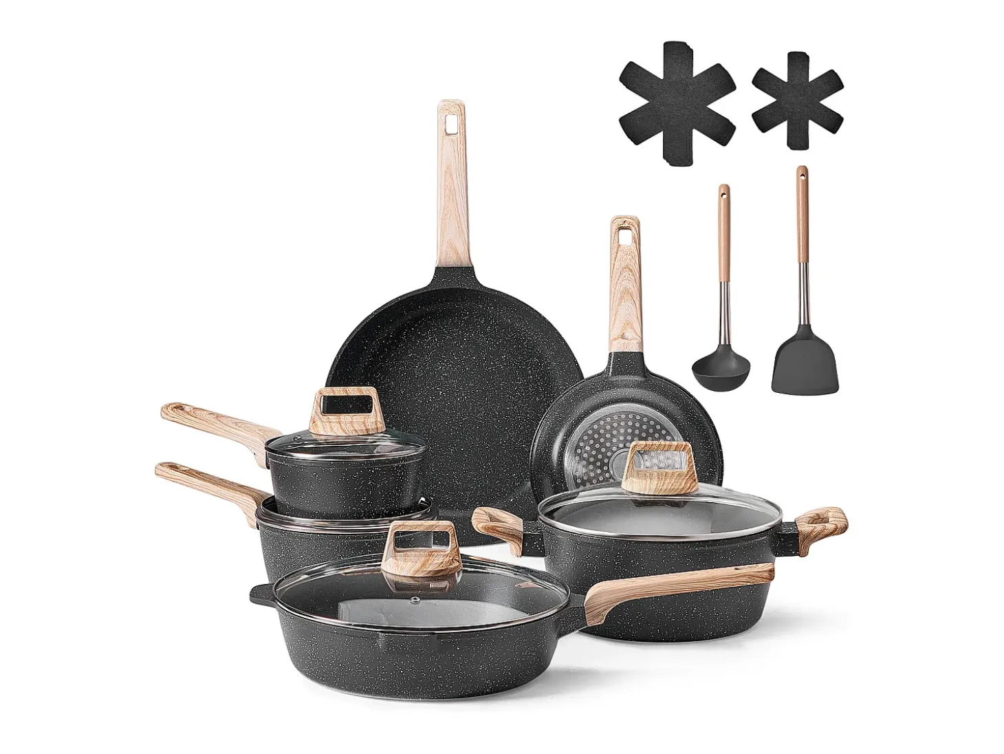 Utensilios de Cocina SucceBuy Juego de Utensilios de Cocina Antiadherentes de Granito de 17 Piezas - Negro