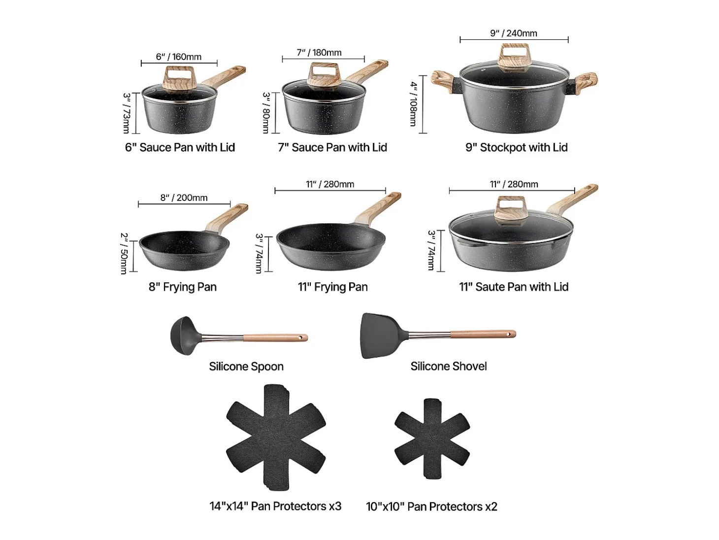 Utensilios de Cocina SucceBuy Juego de Utensilios de Cocina Antiadherentes de Granito de 17 Piezas - Negro