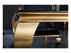 VELENA 200 cm – Tablero de vidrio negro y estructura de acero dorado – Elegancia barroca y diseño refinado