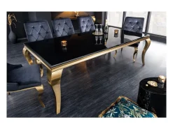 VELENA 200 cm – Tablero de vidrio negro y estructura de acero dorado – Elegancia barroca y diseño refinado