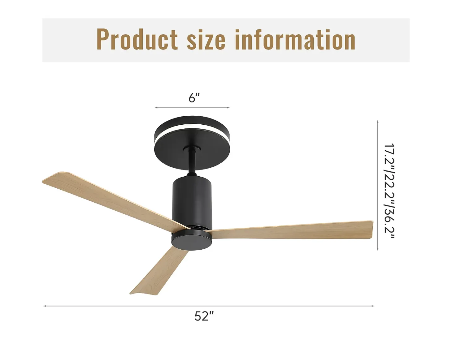 Ventilador de techo 52" con luz LED, 3 aspas de ABS, motor CC reversible, control remoto, para patio y sala (132x132x65,5cm)
