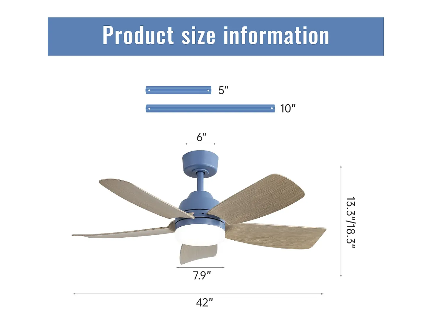 Ventilador de techo 42" con luz LED 22W, 5 aspas de ABS, control remoto, azul, para dormitorio, sala, comedor y oficina (106,6x106,6x46,5cm)