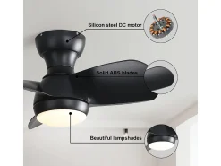 Ventilador de techo 23" para dormitorio, 3 aspas ABS regulables, control remoto, motor CC reversible, LED 18W, negro (58,4x58,4x27,1cm)