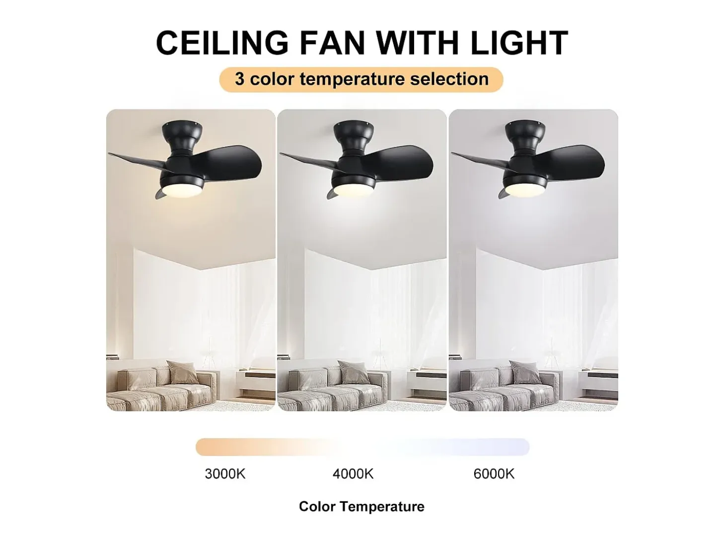 Ventilador de techo 23" para dormitorio, 3 aspas ABS regulables, control remoto, motor CC reversible, LED 18W, negro (58,4x58,4x27,1cm)