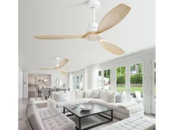 Ventilador de techo 52" sin luz, aspas de madera, 6 velocidades, control remoto, para sala y patio, blanco (132x132x34,5cm)