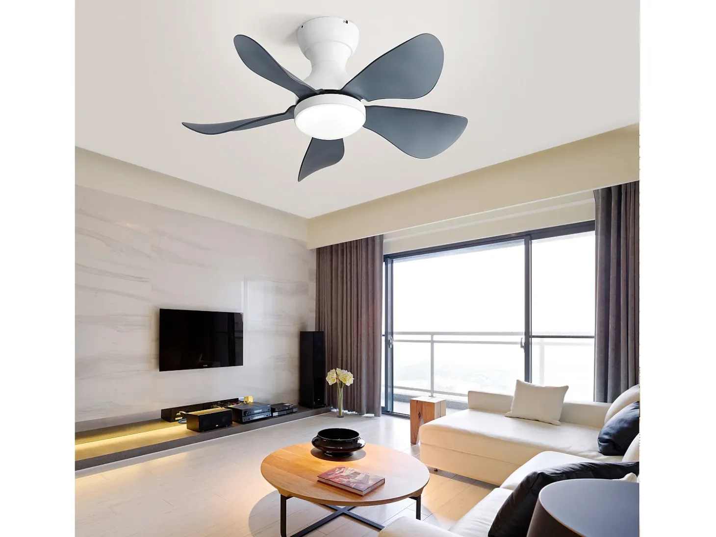 Ventilador de techo blanco con iluminación LED integrada, 5 palas de ABS transparente, motor DC, montaje empotrado (73,66x73,66x29,97cm)
